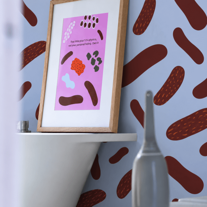 Moley Own Your Plop poster framed above a toilet